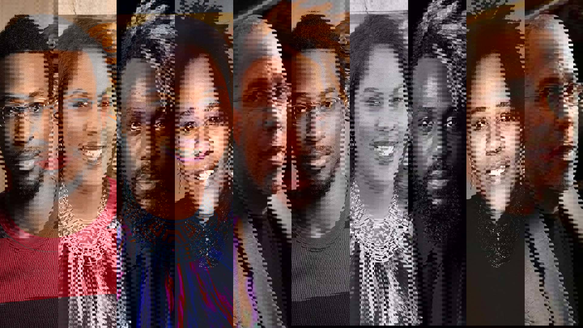 Collage of five headshots of composers, all with dark complexion.