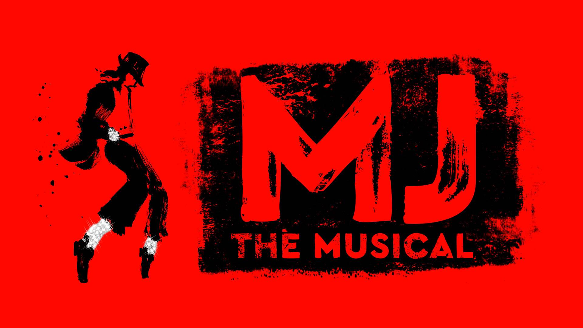 Banner Text reads: "MJ The Musical" An profile illustration of Michael Jackson in a dance pose on the tips of his feet in black and silver glitter next to a large title. The background is bright red.