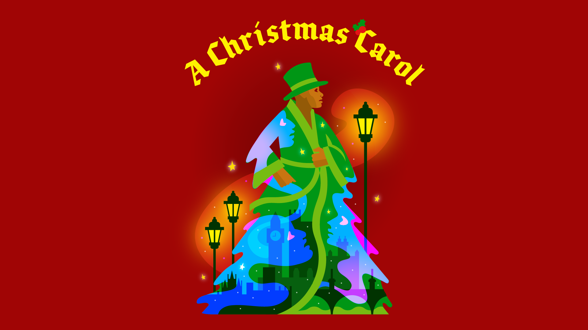 Red banner reads: "A Christmas Carol." An illustration at the center depicts Scrooge in a green hat and robe with street lanterns lit and a London cityscape.